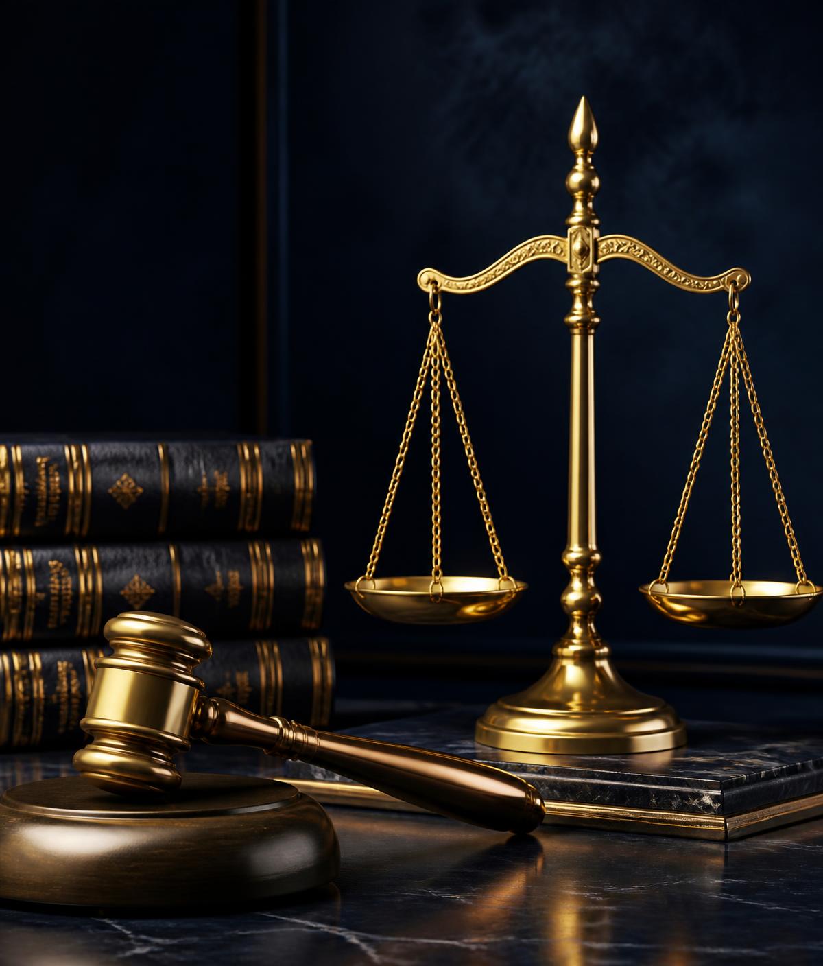 Judge's gavel, gold scales of justice and law books